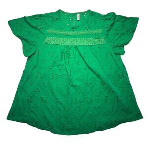 Falechay Large Green Eyelet Lace Boho Blouse Flutter Sleeve Peasant Top